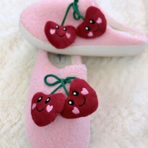 Pink Kids One-Piece Slippers with Red Cherry Accent
